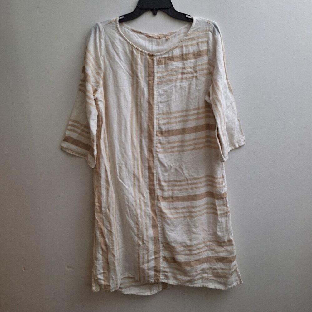 Soft Surroundings Linen Blend Calypso Breeze Shift Dress MED White Tan Stripes